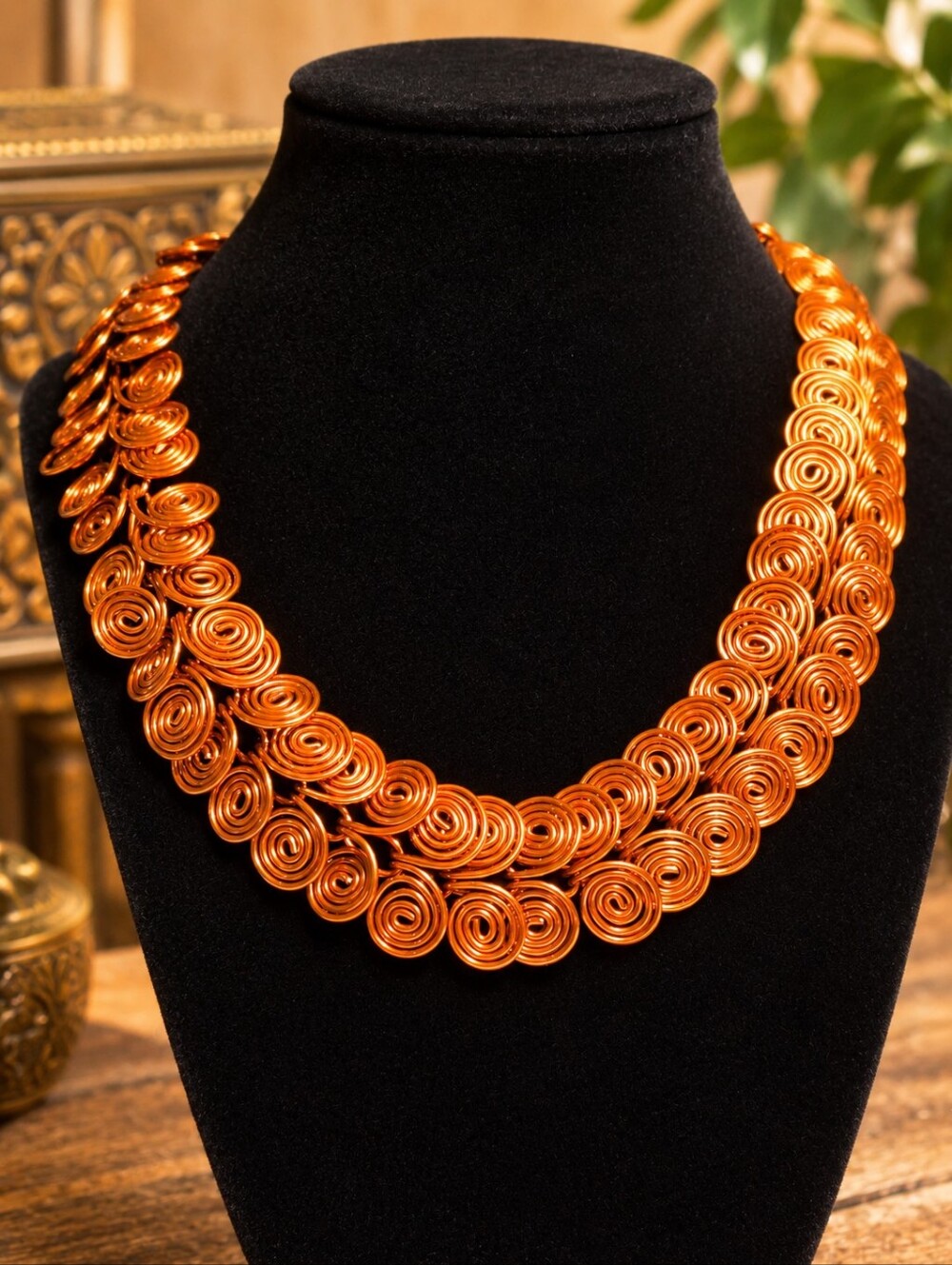 Vintage Egyptian-Style Copper Spiral Statement Necklace | Boho Tribal Collar